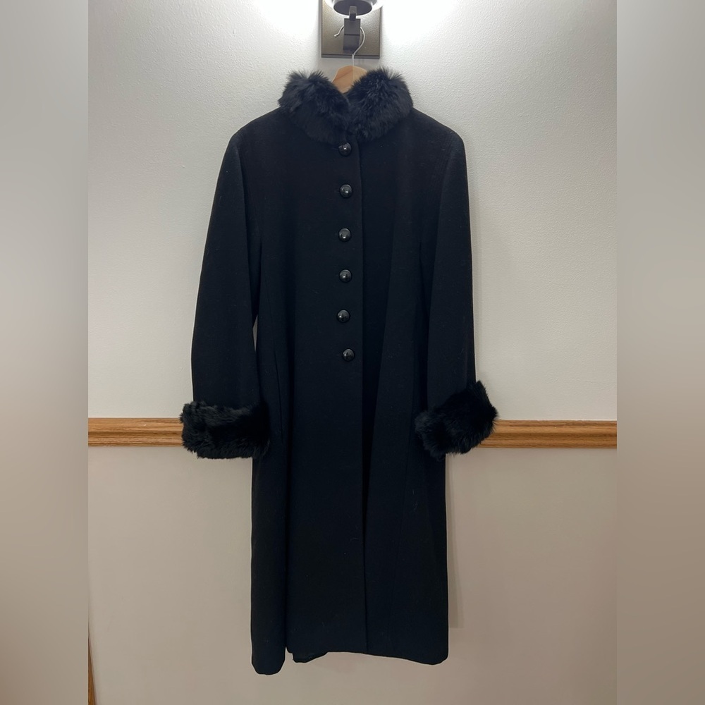 Vintage 100% Wool Rabbit Fur Trim Collar Pea Coat Black size 8 / medium - Picture 2 of 7